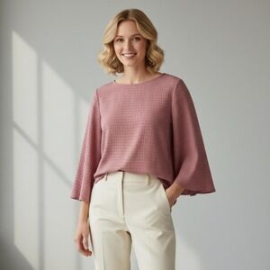 Nine West Blouse Womens Small Pink Textured Check Bell‎ Sleeve Lined Top Work